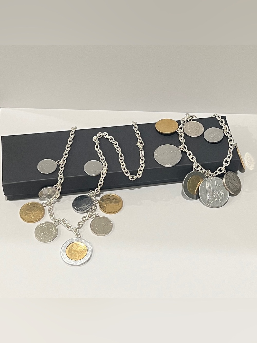 Vintage Sterling 925 Milor Italy Lire Coin Charm Necklace and Bracelet set